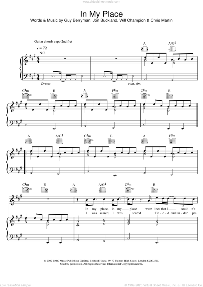 In My Place sheet music for voice, piano or guitar by Coldplay, Chris Martin, Guy Berryman, Jonny Buckland and Will Champion, intermediate skill level