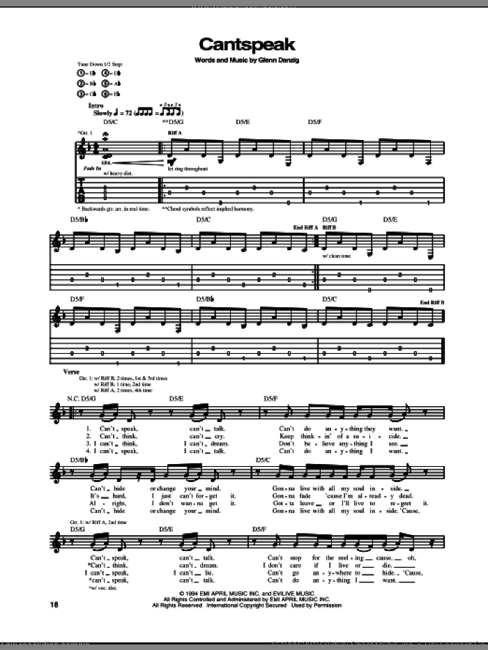 Cantspeak sheet music for guitar (tablature) by Danzig and Glenn Danzig, intermediate skill level