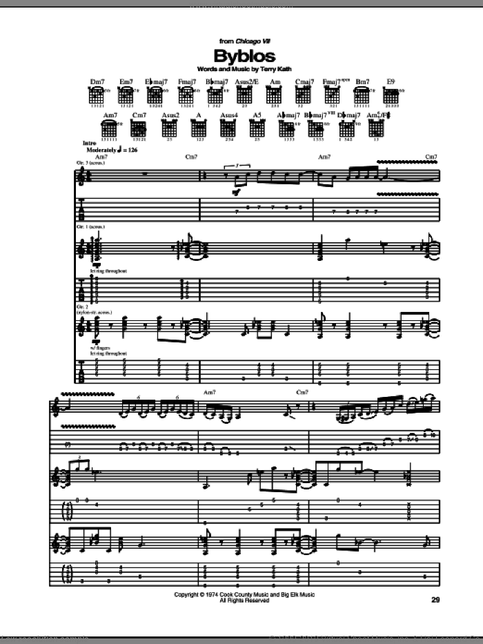 Byblos sheet music for guitar (tablature) by Chicago and Terry Kath, intermediate skill level
