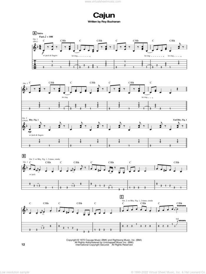 Cajun sheet music for guitar (tablature) by Roy Buchanan, intermediate skill level