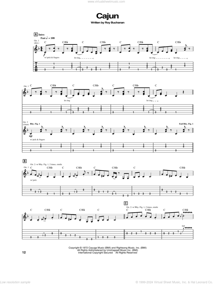 Cajun sheet music for guitar (tablature) by Roy Buchanan, intermediate skill level