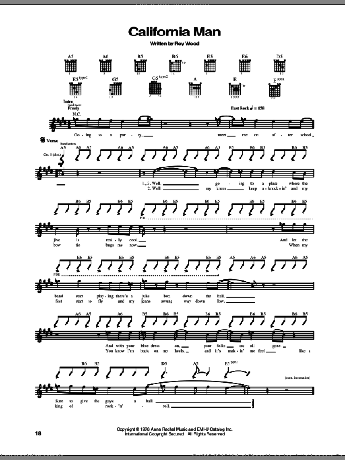 California Man sheet music for guitar (tablature) by Cheap Trick and Ray Wood, intermediate skill level