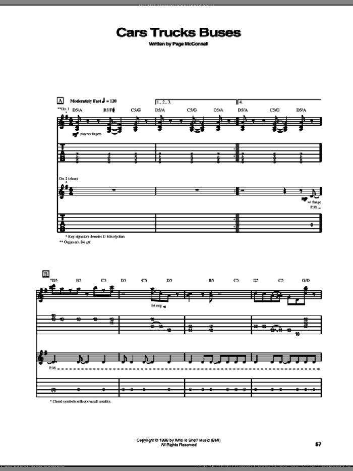 Cars Trucks Buses sheet music for guitar (tablature) by Phish and Page McConnell, intermediate skill level