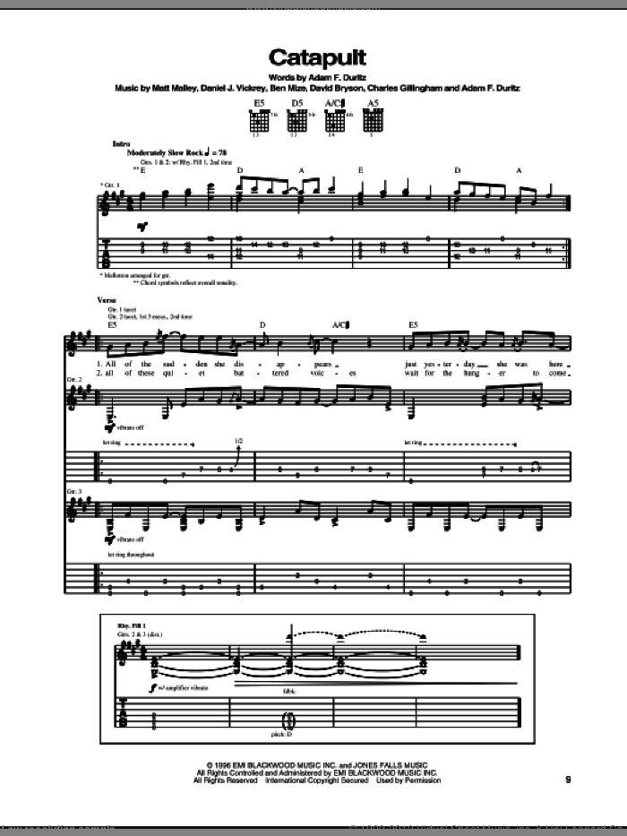 Catapult sheet music for guitar (tablature) by Counting Crows, Adam Duritz, Ben Mize, Charles Gillingham, Dan Vickrey, David Bryson and Matt Malley, intermediate skill level