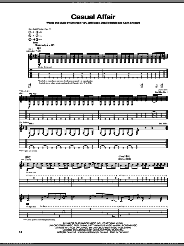 Casual Affair sheet music for guitar (tablature) by Tonic, Dan Rothchild, Emerson Hart, Jeff Russo and Kevin Shepard, intermediate skill level