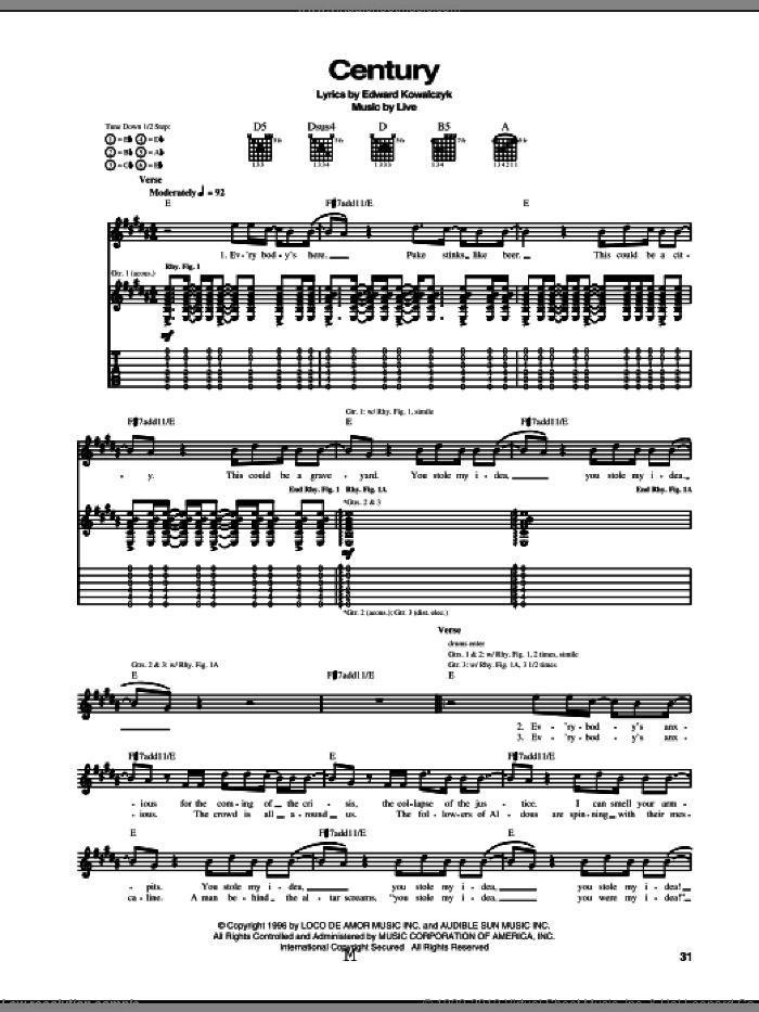 Century sheet music for guitar (tablature) by Live and Edward Kowalczyk, intermediate skill level