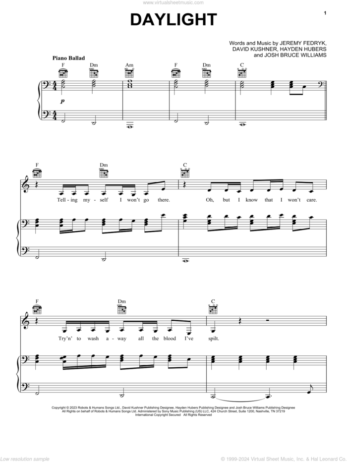Daylight sheet music for voice, piano or guitar by David Kushner, Hayden Hubers, Jeremy Fedryk and Josh Bruce Williams, intermediate skill level