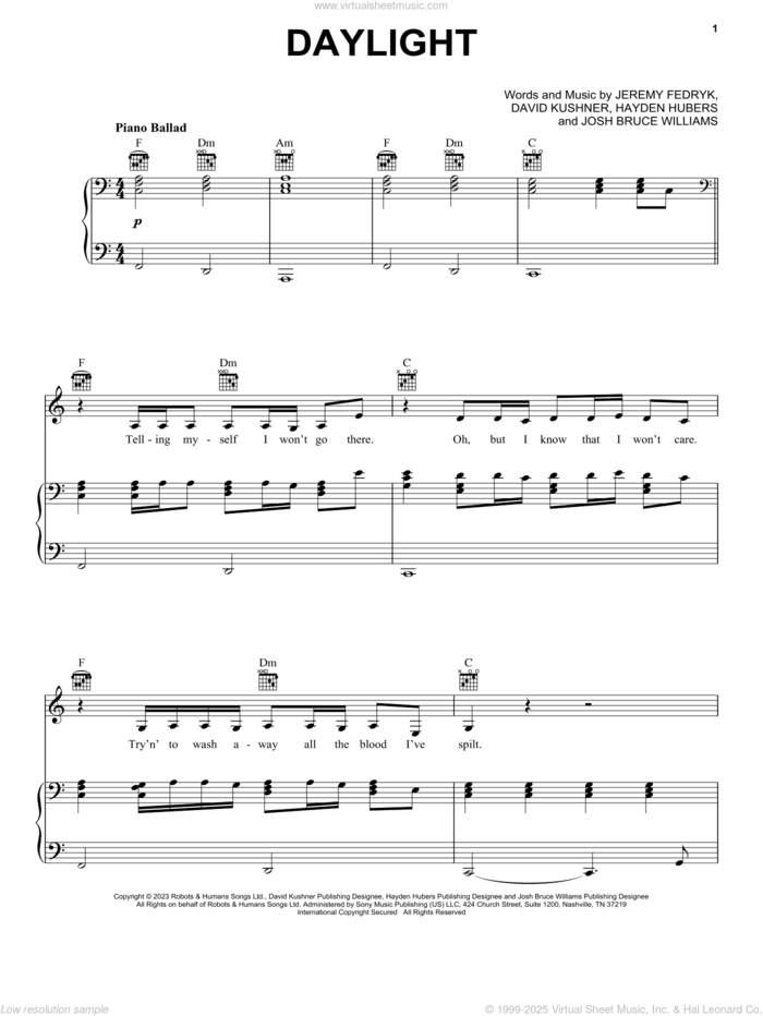 Daylight sheet music for voice, piano or guitar by David Kushner, Hayden Hubers, Jeremy Fedryk and Josh Bruce Williams, intermediate skill level