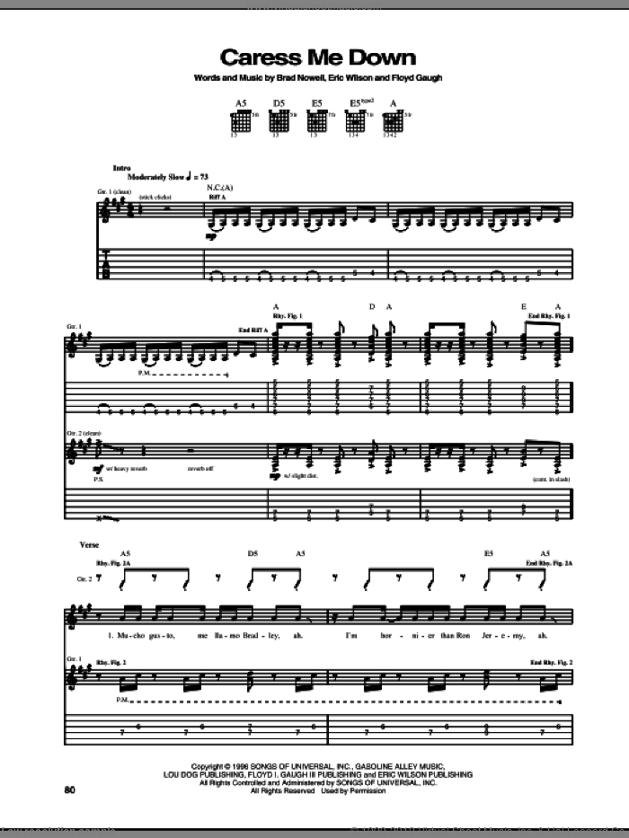 Caress Me Down sheet music for guitar (tablature) by Sublime, Brad Nowell, Eric Wilson and Floyd Gaugh, intermediate skill level