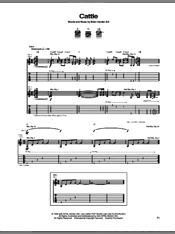 Cattle sheet music for guitar (tablature) by The Verve Pipe and Brian Vander Ark, intermediate skill level
