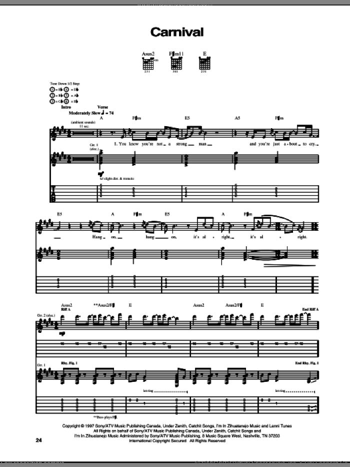Carnival sheet music for guitar (tablature) by Our Lady Peace and Arnold Lanni, intermediate skill level