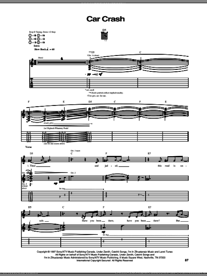 Car Crash sheet music for guitar (tablature) by Our Lady Peace and Arnold Lanni, intermediate skill level