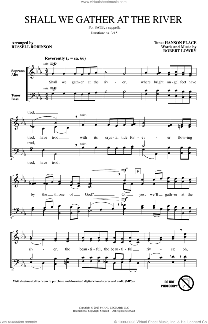 Shall We Gather At The River (arr. Russell Robinson) sheet music for choir (SATB: soprano, alto, tenor, bass) by Robert Lowry and Russell Robinson, intermediate skill level