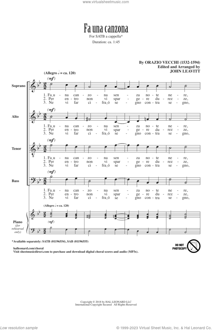 Fa Una Canzona (arr. John Leavitt) sheet music for choir (SATB: soprano, alto, tenor, bass) by Orazio Vecchi and John Leavitt, intermediate skill level