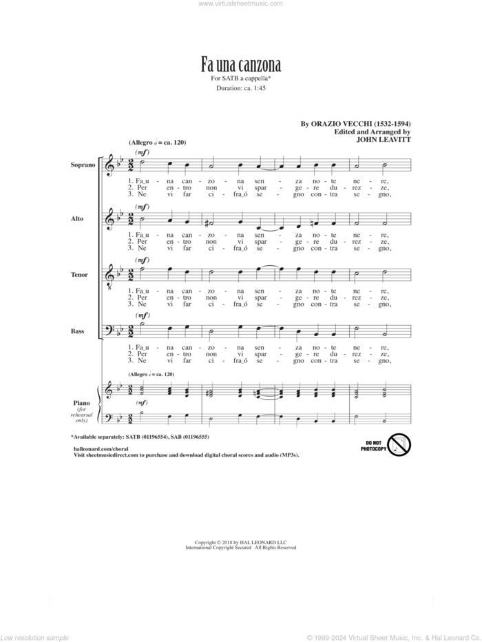 Fa Una Canzona (arr. John Leavitt) sheet music for choir (SATB: soprano, alto, tenor, bass) by Orazio Vecchi and John Leavitt, intermediate skill level