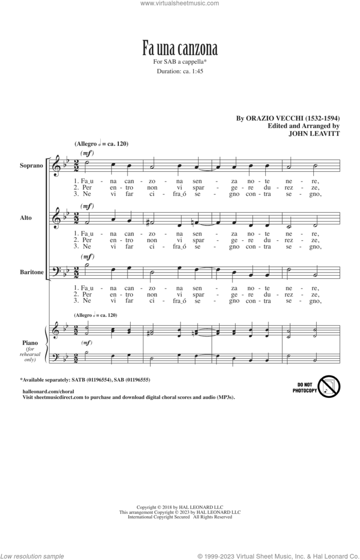 Fa Una Canzona (arr. John Leavitt) sheet music for choir (SAB: soprano, alto, bass) by Orazio Vecchi and John Leavitt, intermediate skill level