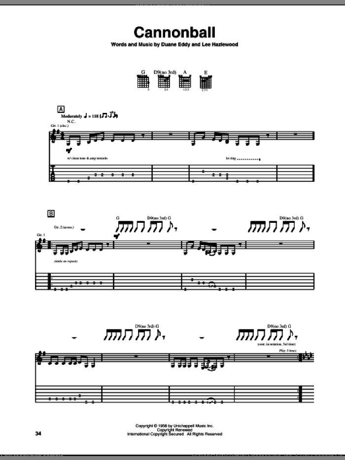 Cannonball sheet music for guitar (tablature) by Duane Eddy and Lee Hazlewood, intermediate skill level