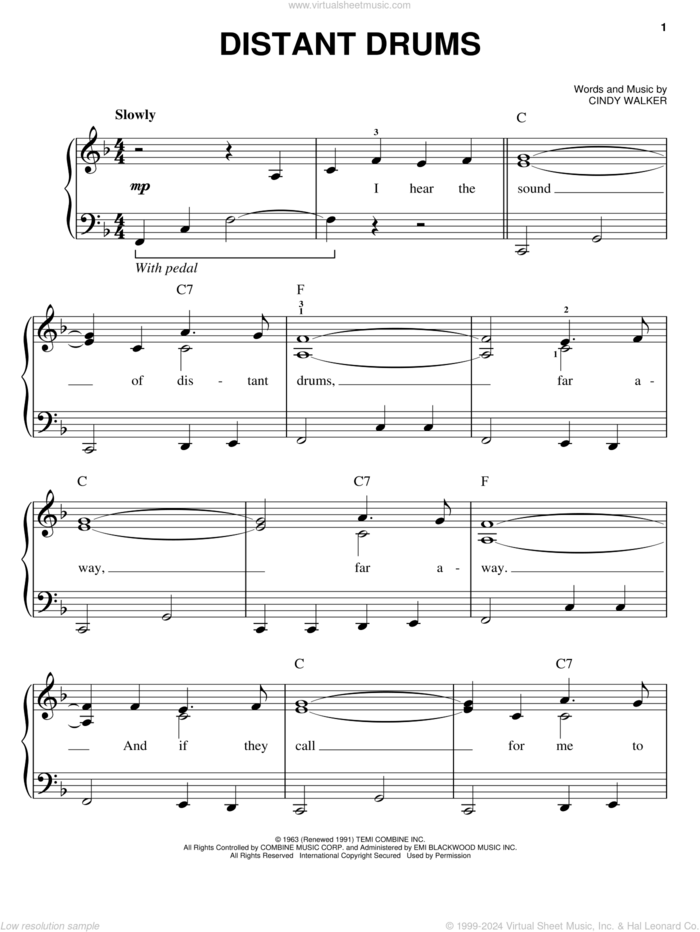 Distant Drums sheet music for piano solo by Jim Reeves and Cindy Walker, easy skill level