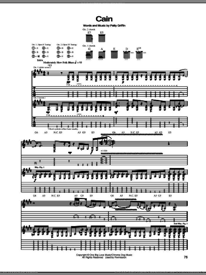 Cain sheet music for guitar (tablature) by Patty Griffin, intermediate skill level