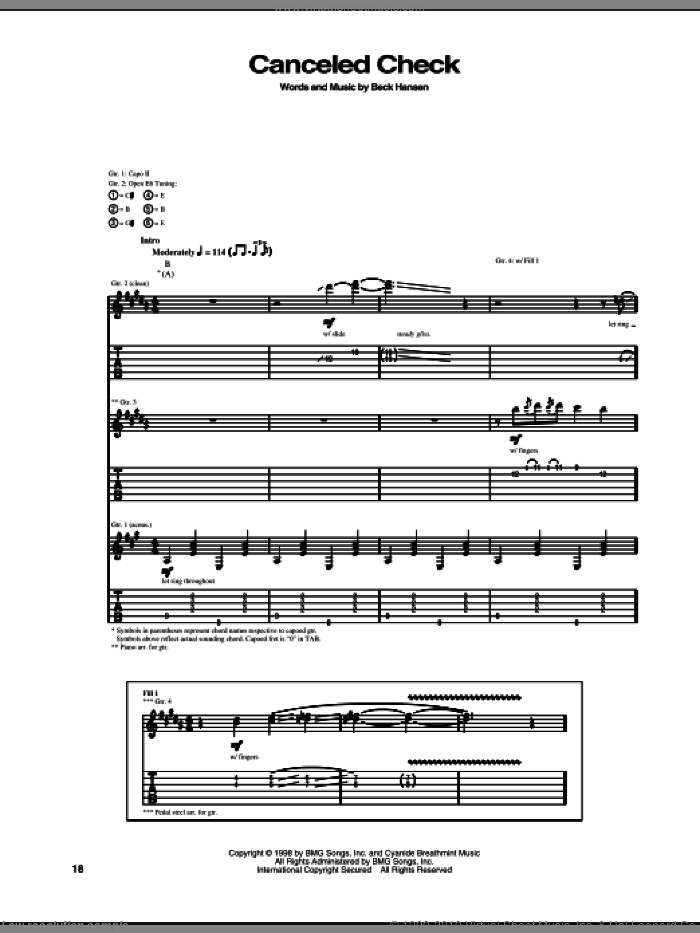 Canceled Check sheet music for guitar (tablature) by Beck Hansen, intermediate skill level
