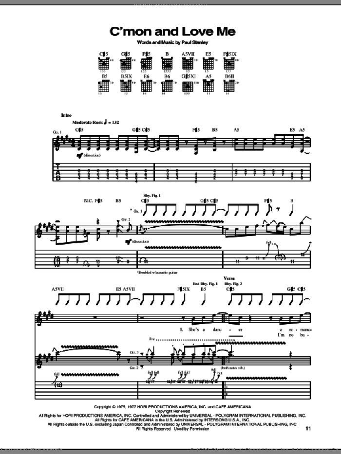 C'mon And Love Me sheet music for guitar (tablature) by KISS and Paul Stanley, intermediate skill level