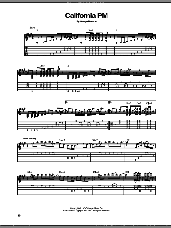 California PM sheet music for guitar (tablature) by George Benson, intermediate skill level