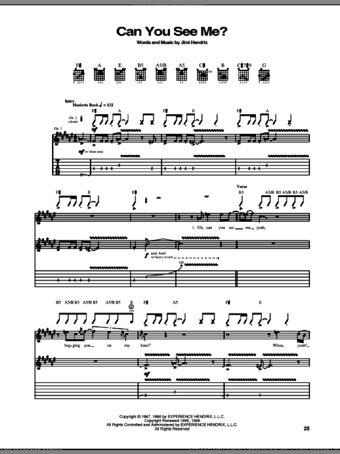 Can You See Me sheet music for guitar (tablature) by Jimi Hendrix, intermediate skill level