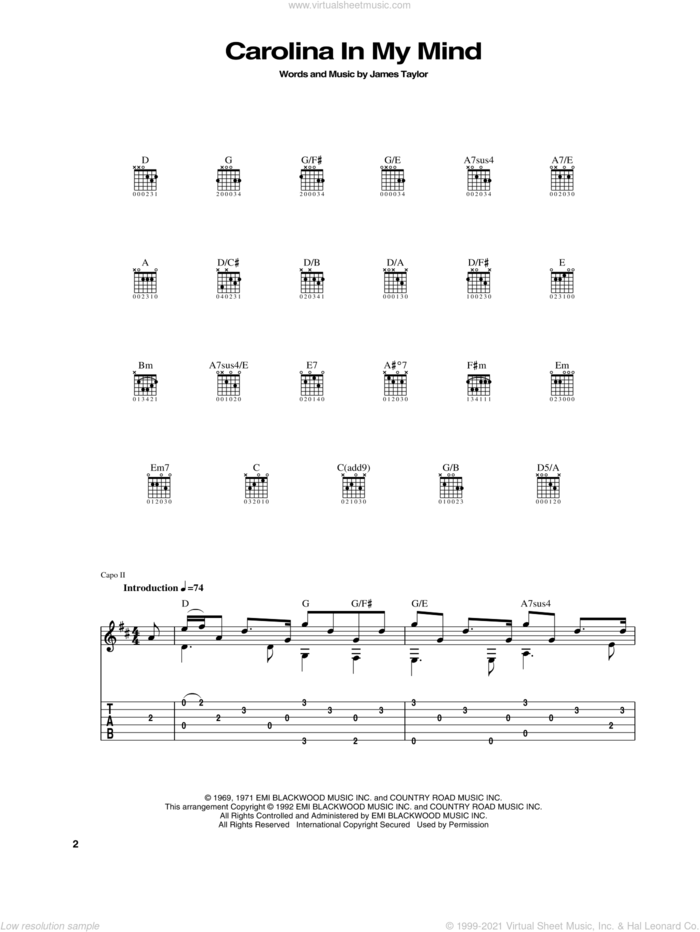 Carolina In My Mind sheet music for guitar (tablature) by James Taylor, intermediate skill level