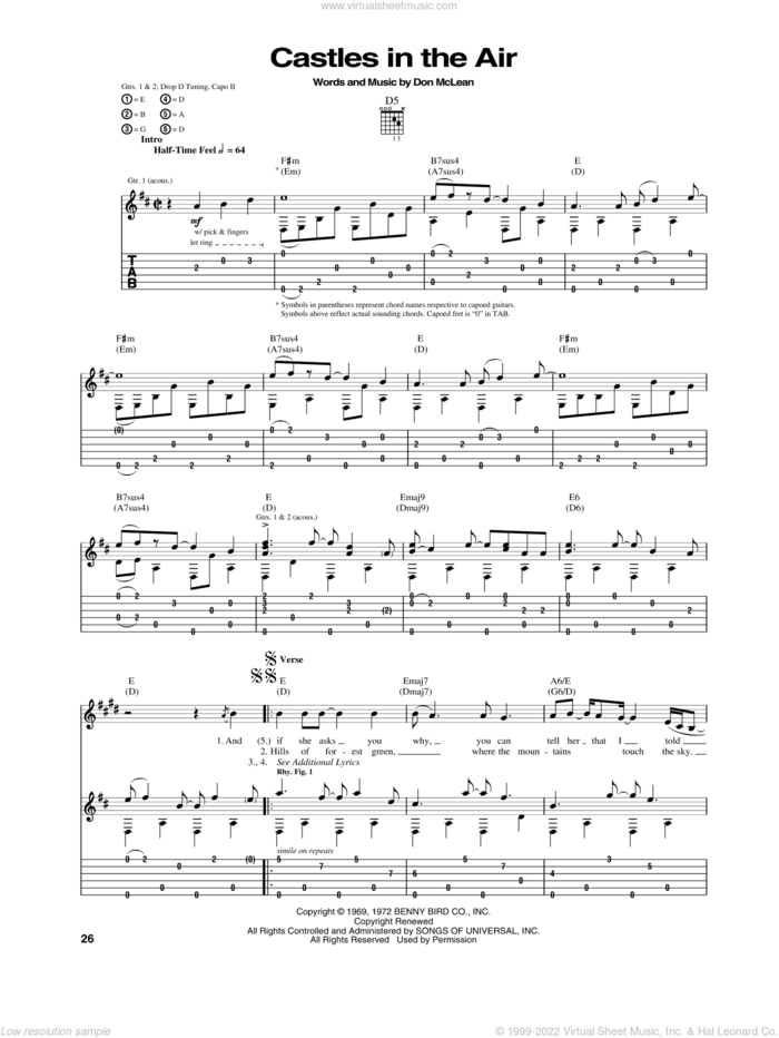Castles In The Air sheet music for guitar (tablature) by Don McLean, intermediate skill level