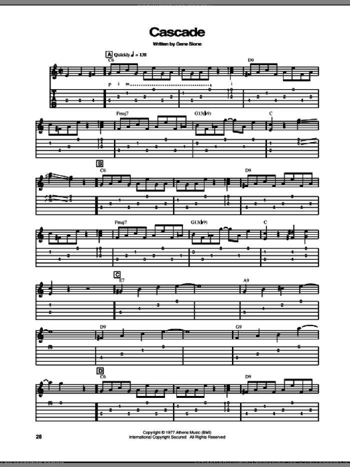 Cascade sheet music for guitar (tablature) by Chet Atkins and Gene Slone, intermediate skill level