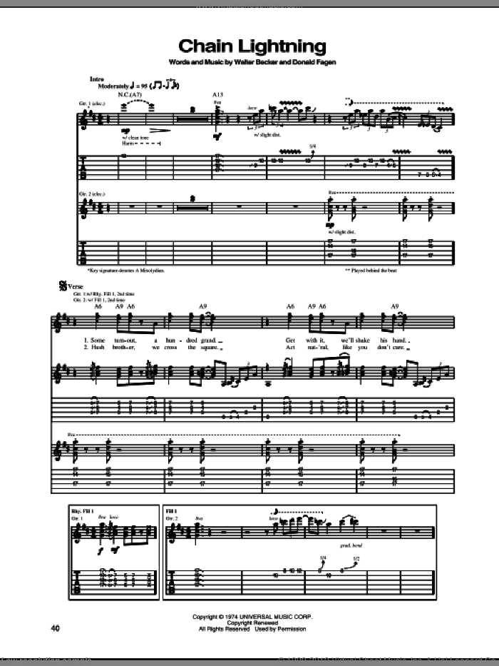 Chain Lightning sheet music for guitar (tablature) by Steely Dan, Donald Fagen and Walter Becker, intermediate skill level