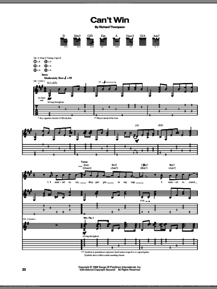 Can't Win sheet music for guitar (tablature) by Richard Thompson, intermediate skill level