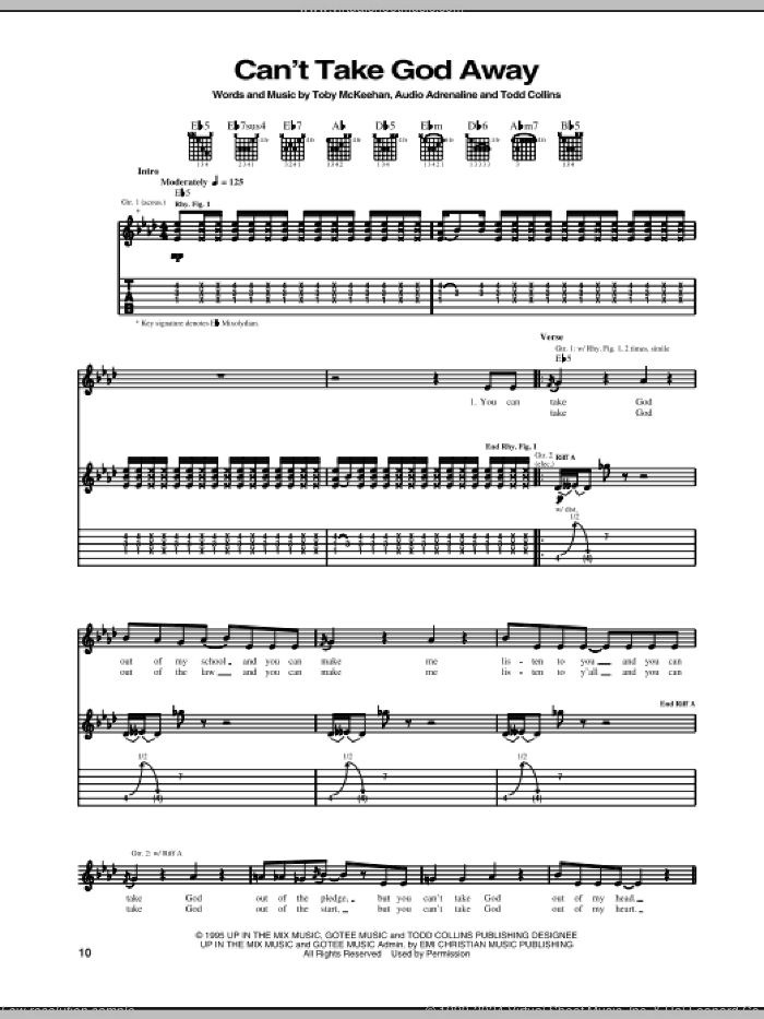 Can't Take God Away sheet music for guitar (tablature) by Audio Adrenaline, Toby McKeehan and Todd Collins, intermediate skill level