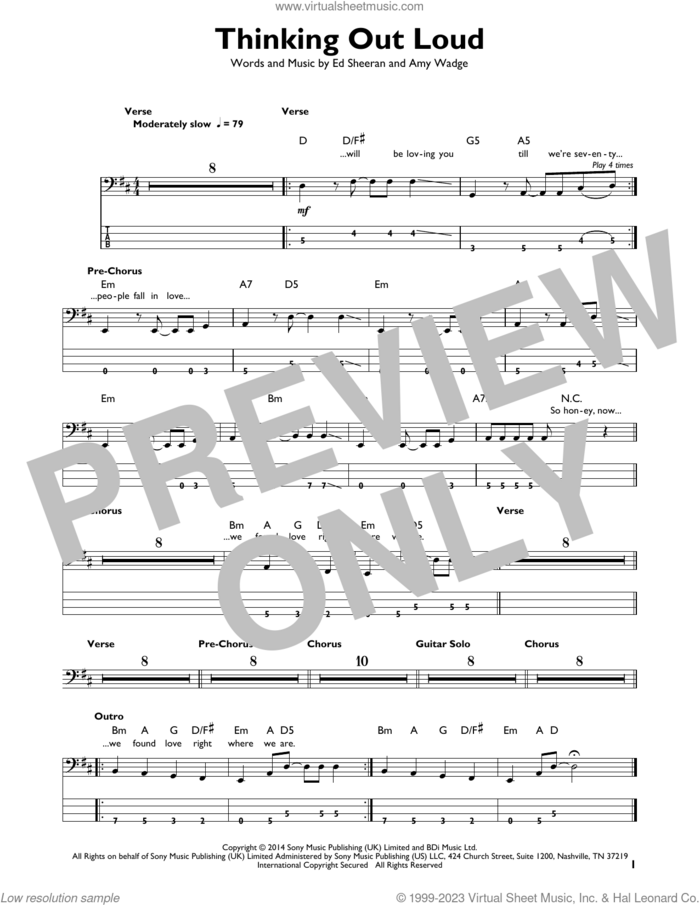 Thinking Out Loud sheet music for bass solo by Ed Sheeran and Amy Wadge, wedding score, intermediate skill level