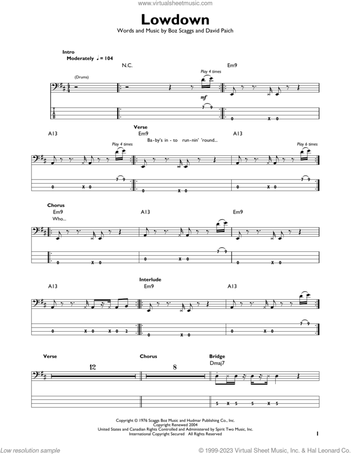 Lowdown sheet music for bass solo by Boz Scaggs, Miscellaneous and David Paich, intermediate skill level