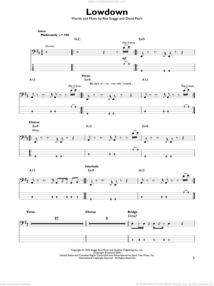 Lowdown sheet music for bass solo by Boz Scaggs, Miscellaneous and David Paich, intermediate skill level