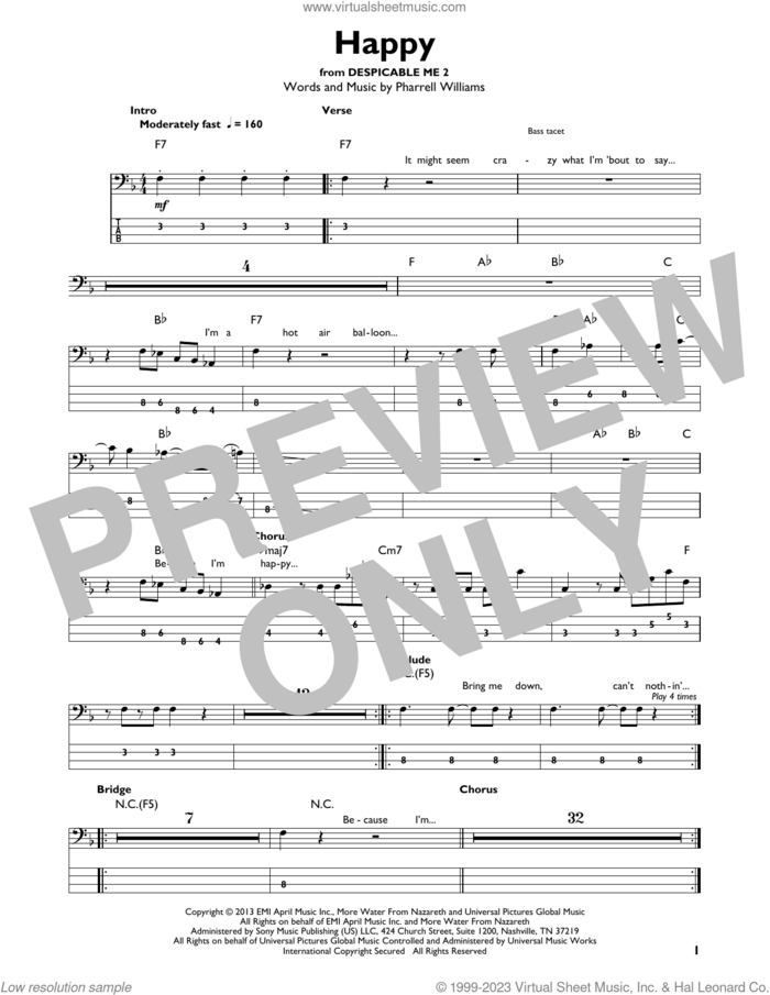 Happy sheet music for bass solo by Pharrell and Pharrell Williams, intermediate skill level