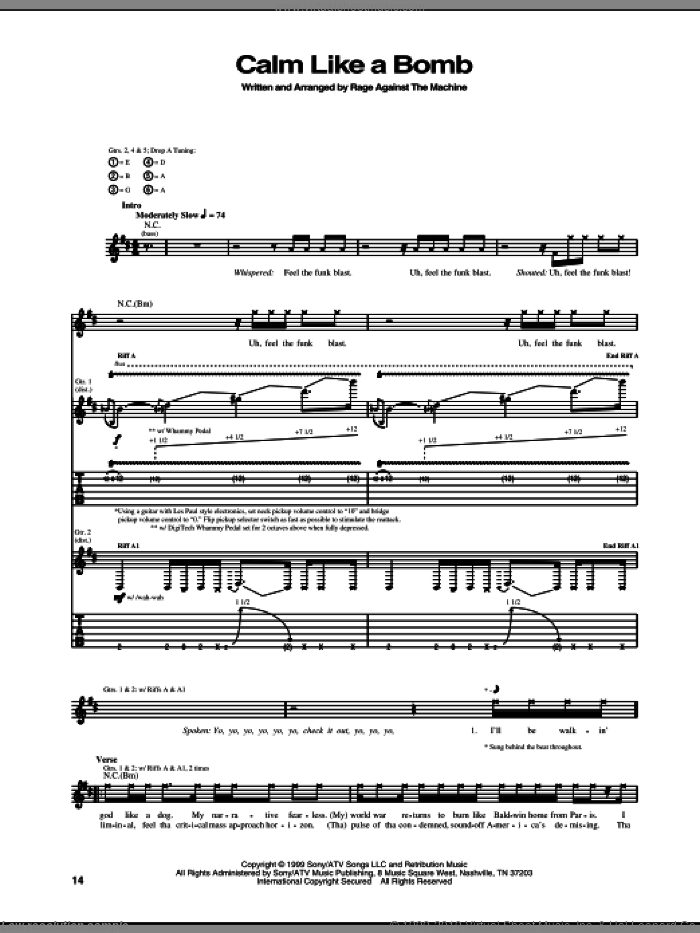 Calm Like A Bomb sheet music for guitar (tablature) by Rage Against The Machine, intermediate skill level