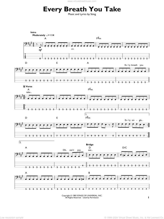 Every Breath You Take sheet music for bass solo by The Police and Sting, intermediate skill level