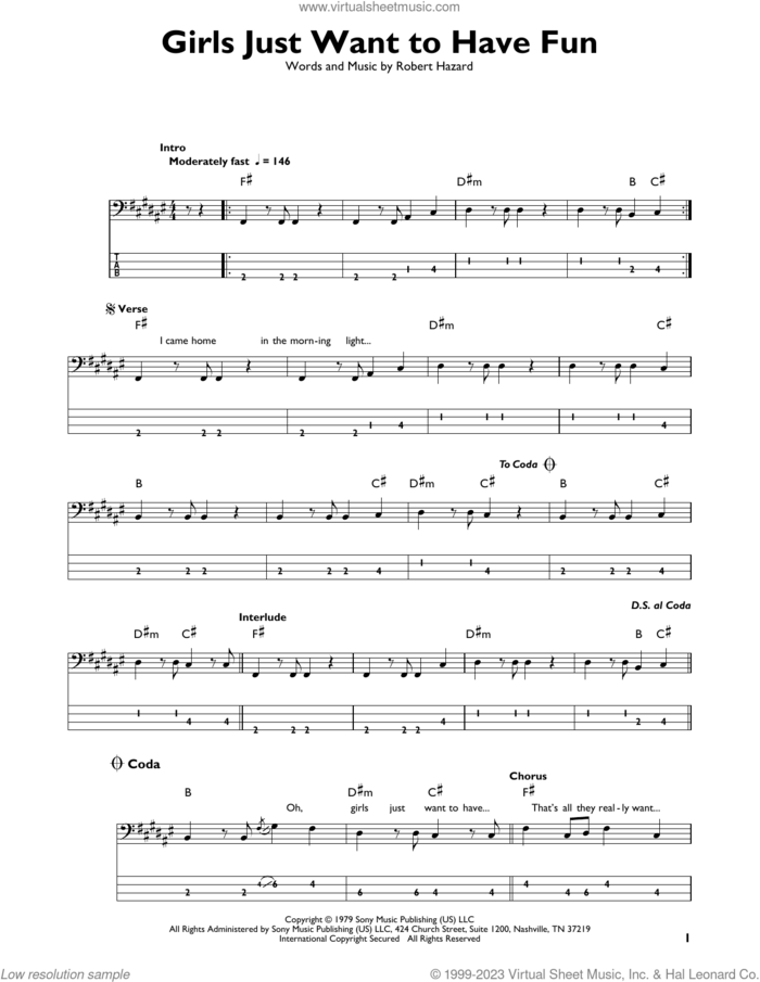 Girls Just Want To Have Fun sheet music for bass solo by Cyndi Lauper and Robert Hazard, intermediate skill level