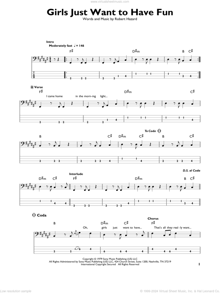 Girls Just Want To Have Fun sheet music for bass solo by Cyndi Lauper and Robert Hazard, intermediate skill level