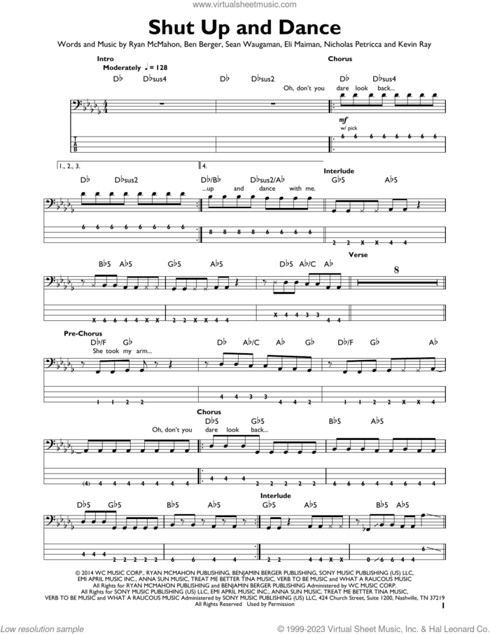 Shut Up And Dance sheet music for bass solo by Walk The Moon, Ben Berger, Eli Maiman, Kevin Ray, Nicholas Petricca, Ryan McMahon and Sean Waugaman, intermediate skill level