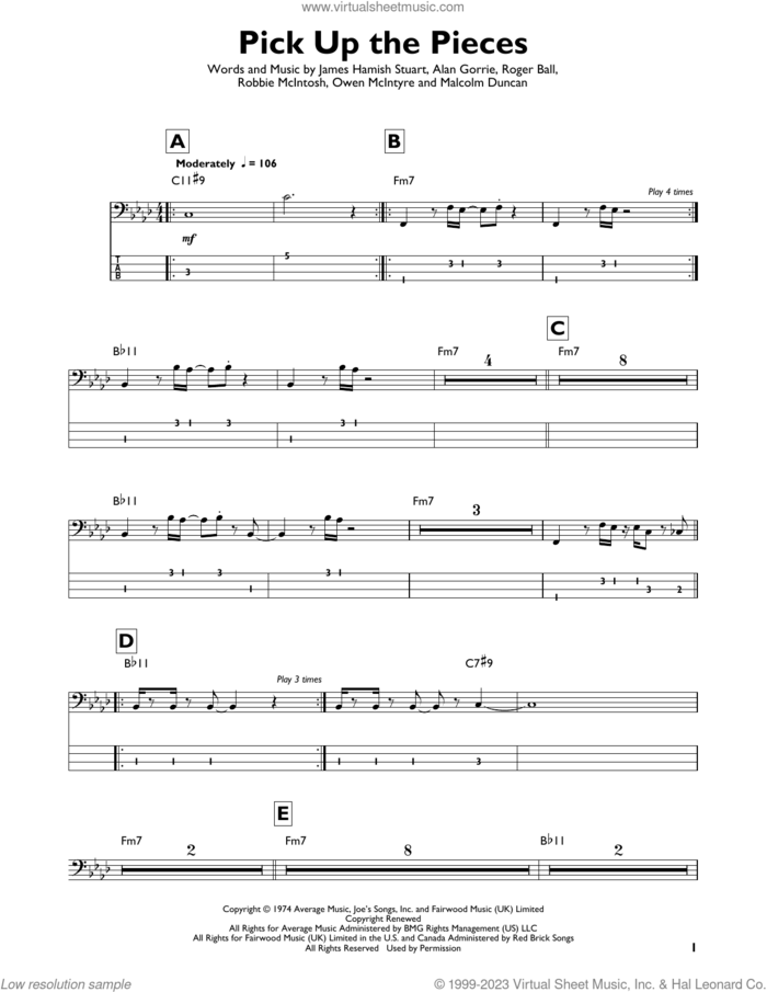 Pick Up The Pieces sheet music for bass solo by Average White Band, Alan Gorrie, James Hamish Stuart, Malcolm Duncan, Owen McIntyre, Robbie McIntosh and Roger Ball, intermediate skill level
