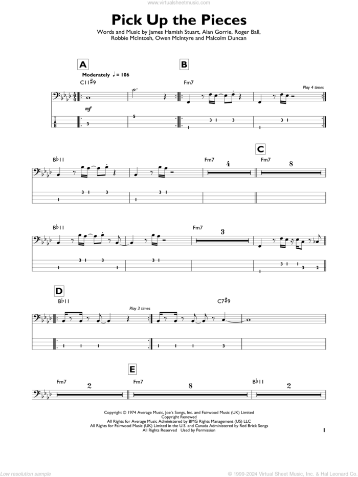 Pick Up The Pieces sheet music for bass solo by Average White Band, Alan Gorrie, James Hamish Stuart, Malcolm Duncan, Owen McIntyre, Robbie McIntosh and Roger Ball, intermediate skill level