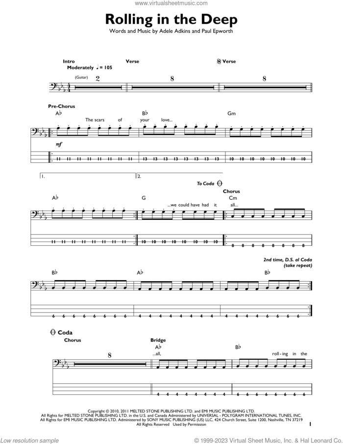 Rolling In The Deep sheet music for bass solo by Adele, Adele Adkins and Paul Epworth, intermediate skill level