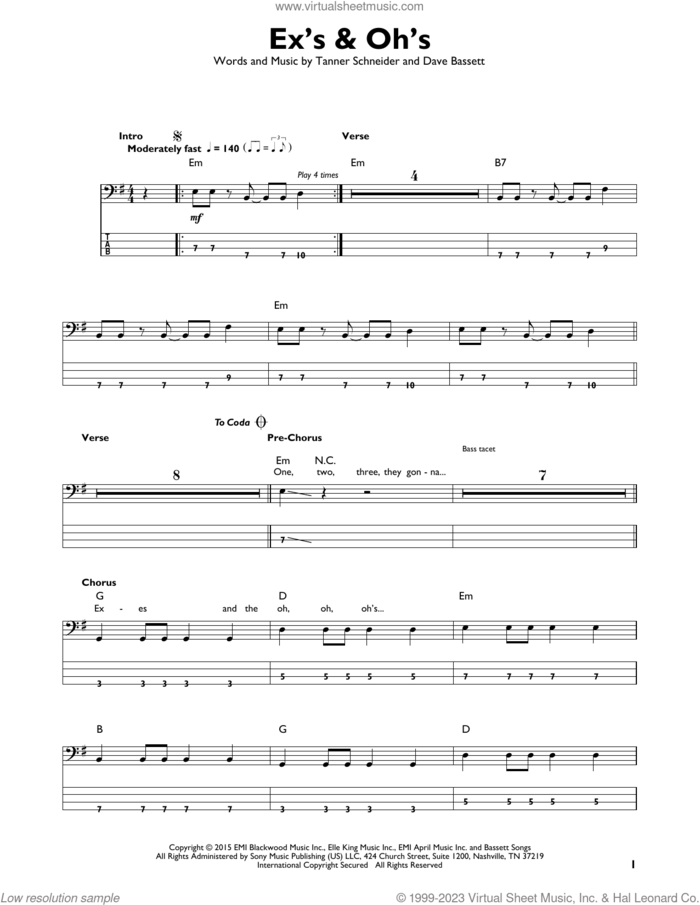Ex's and Oh's sheet music for bass solo by Elle King, Dave Bassett and Tanner Schneider, intermediate skill level