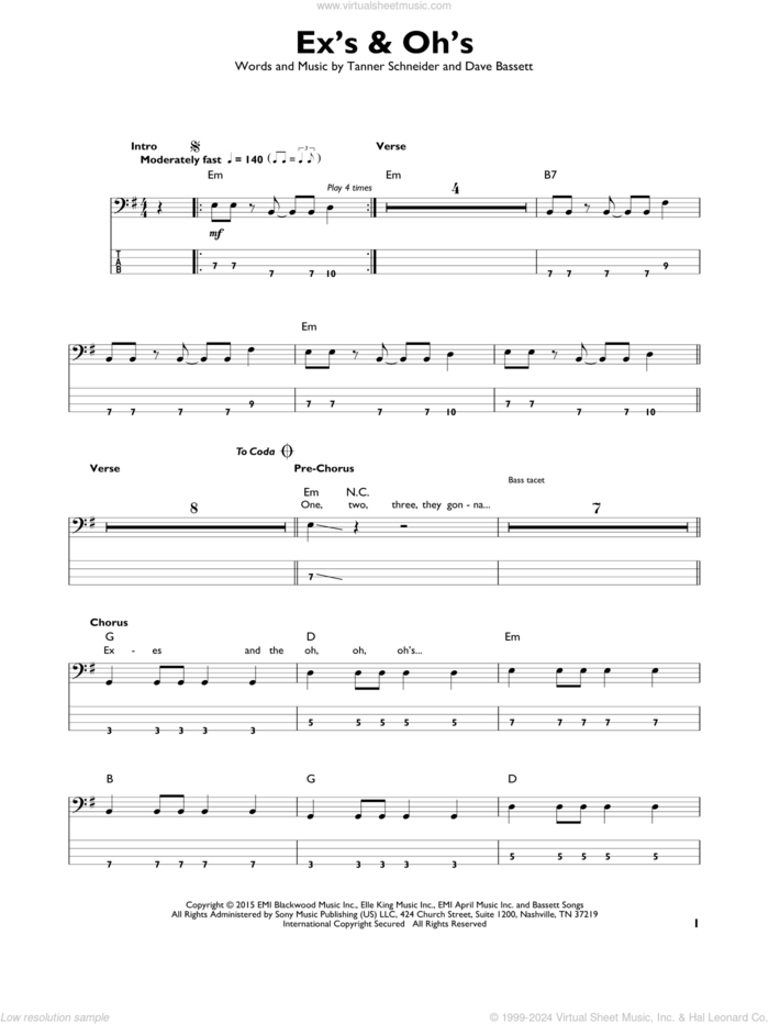 Ex's and Oh's sheet music for bass solo by Elle King, Dave Bassett and Tanner Schneider, intermediate skill level