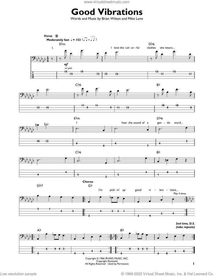 Good Vibrations sheet music for bass solo by The Beach Boys, Brian Wilson and Mike Love, intermediate skill level