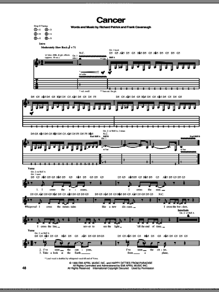 Cancer sheet music for guitar (tablature) by Filter, Frank Cavanaugh and Richard Patrick, intermediate skill level