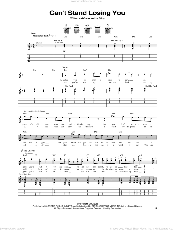 Can't Stand Losing You sheet music for guitar (tablature) by The Police and Sting, intermediate skill level